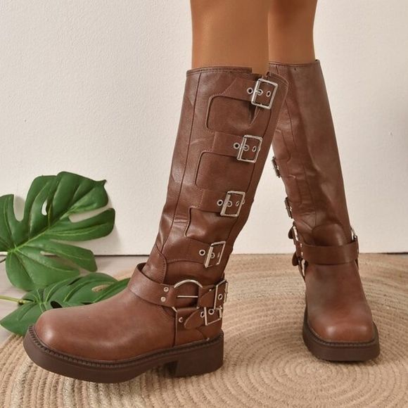 BROWN BROWN MOTO COMBAT BIKER BUCKLE BOOTIES - Picture 2 of 9